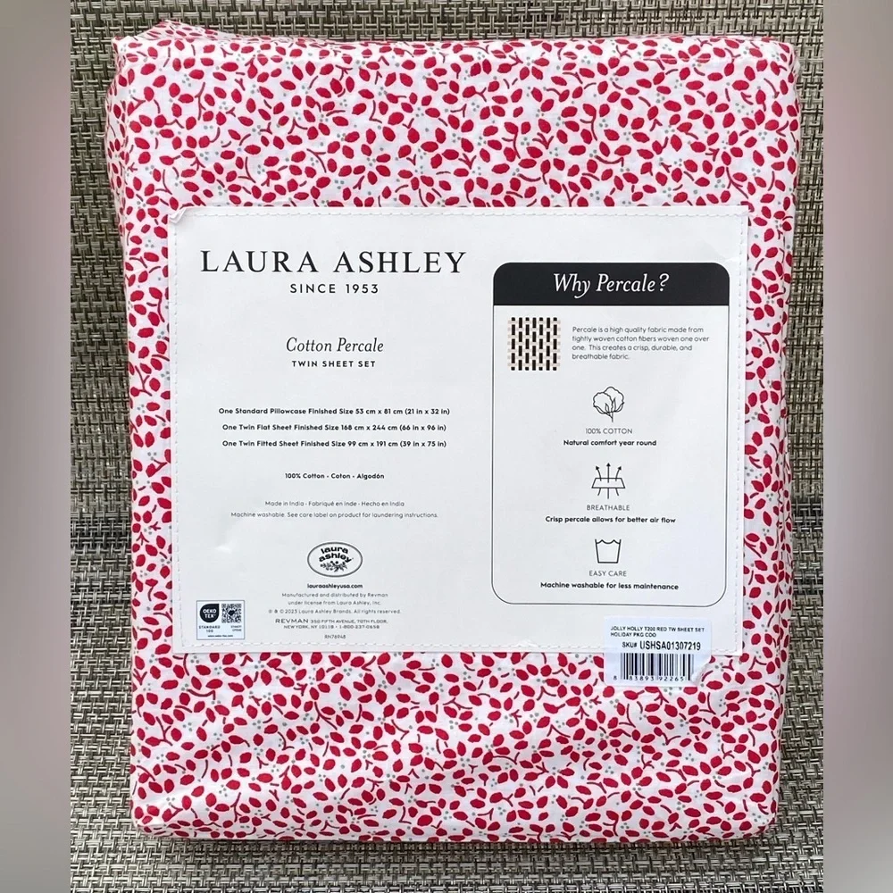 Laura Ashley Jolly Holly Holiday Red Floral TC200 Cotton TWIN Sheet Set 3pc